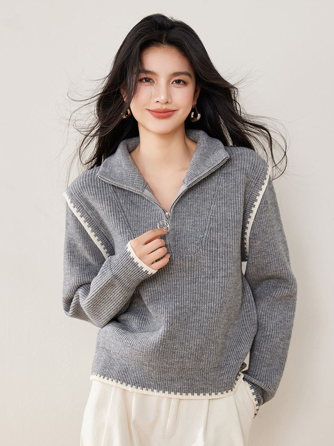 

JC Collection Women Ribbed Crop Pullover, Grey
