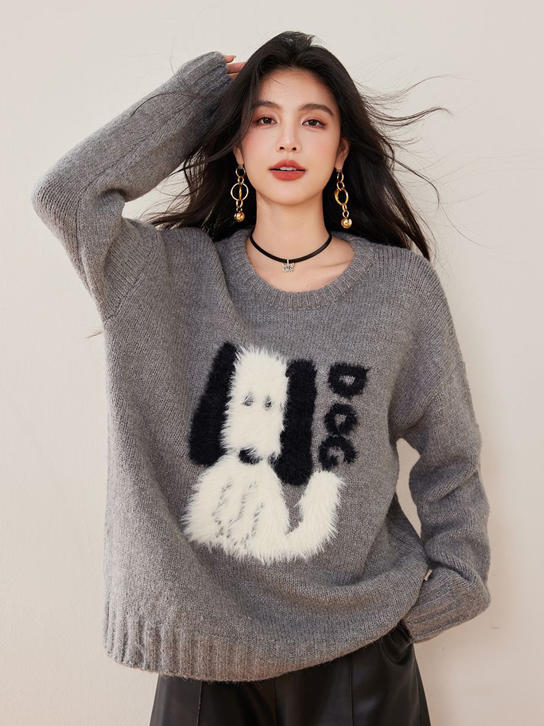 

JC Collection Women Self Design Pullover with Fuzzy Detail, Grey