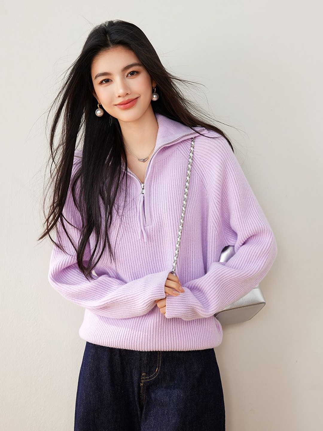 

JC Collection Women Shirt Collar Long Sleeves Pullover, Purple