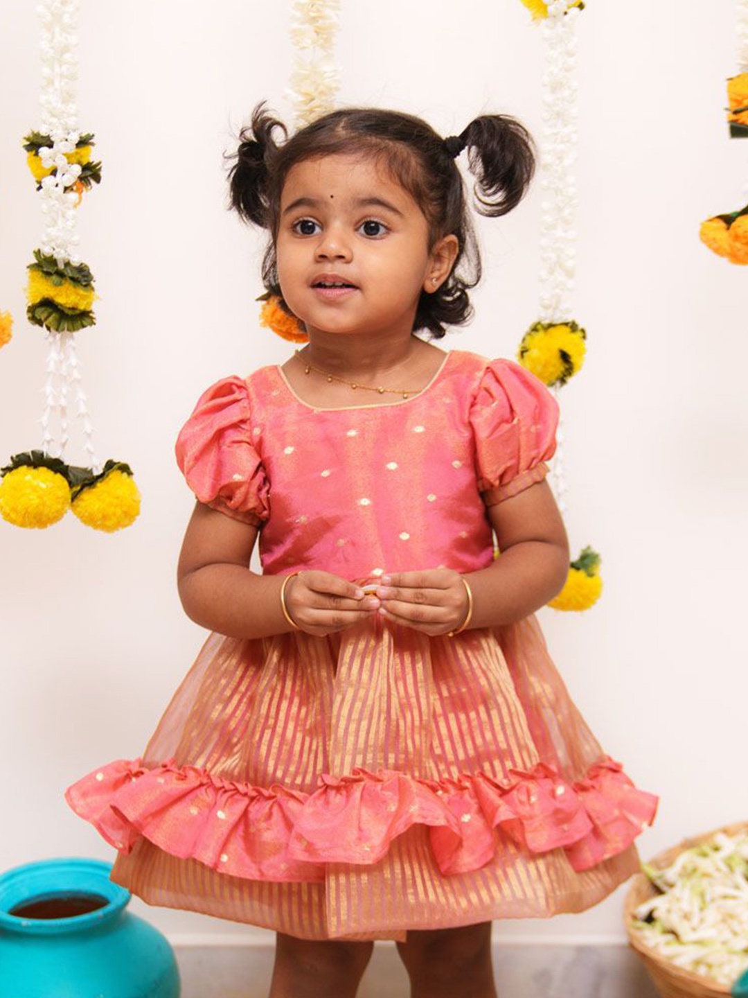 

Ekanta Girls Self Design Peplum Dress, Peach
