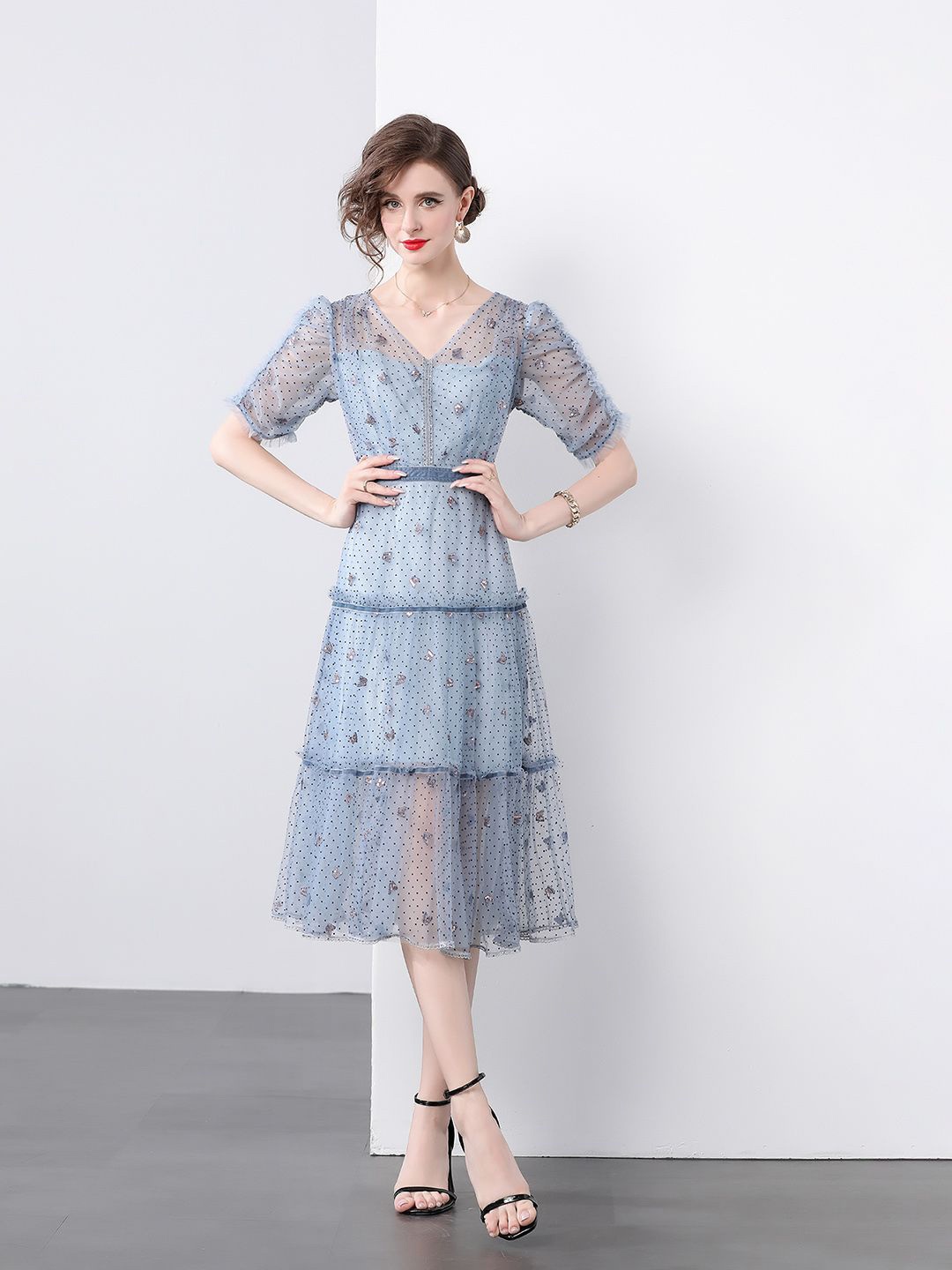 

JC Collection Women V-Neck Embellished Fit & Flare Midi Dress, Blue