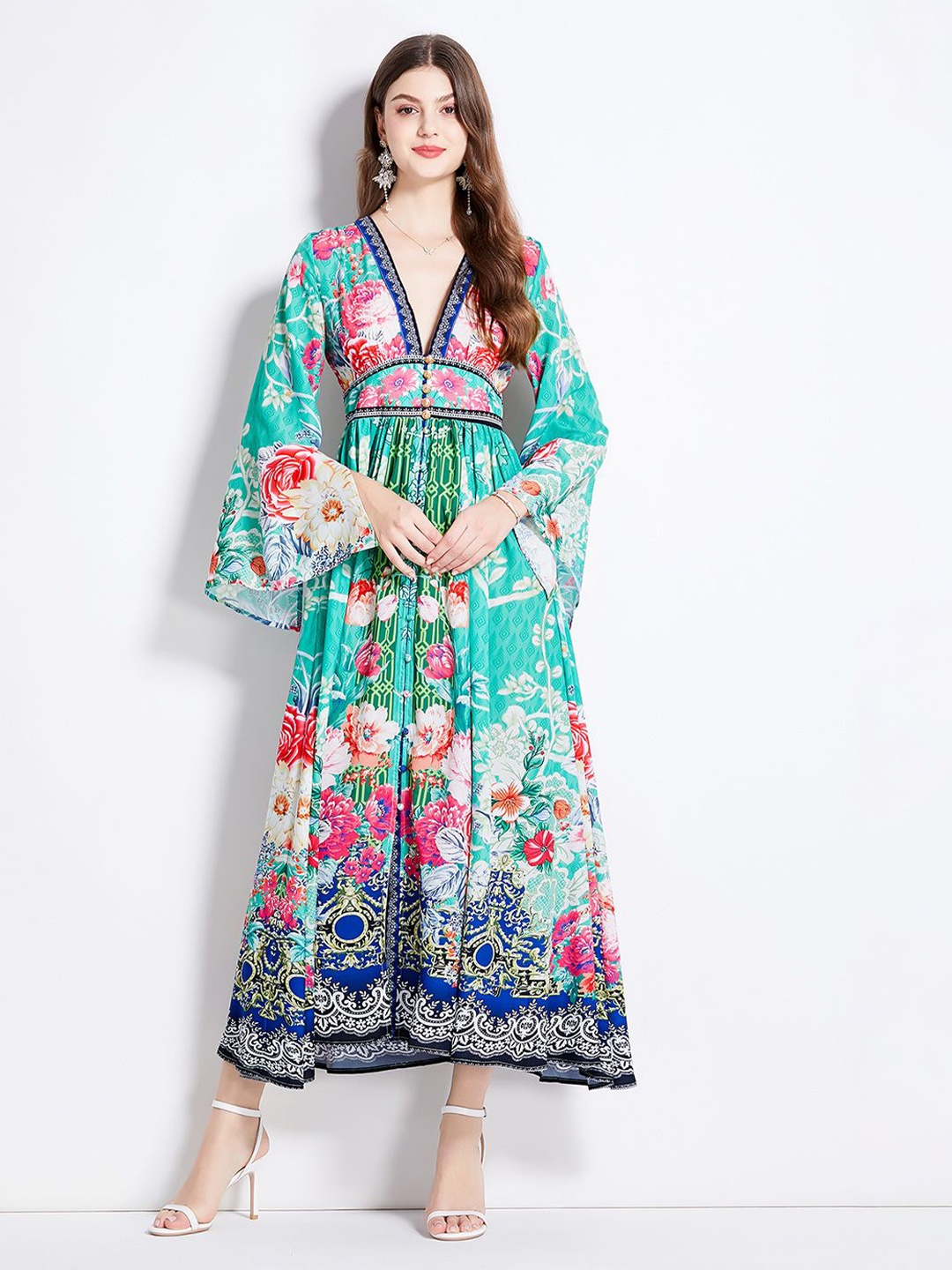 

JC Collection Women Floral Print Flared Sleeve Maxi Dress, Green