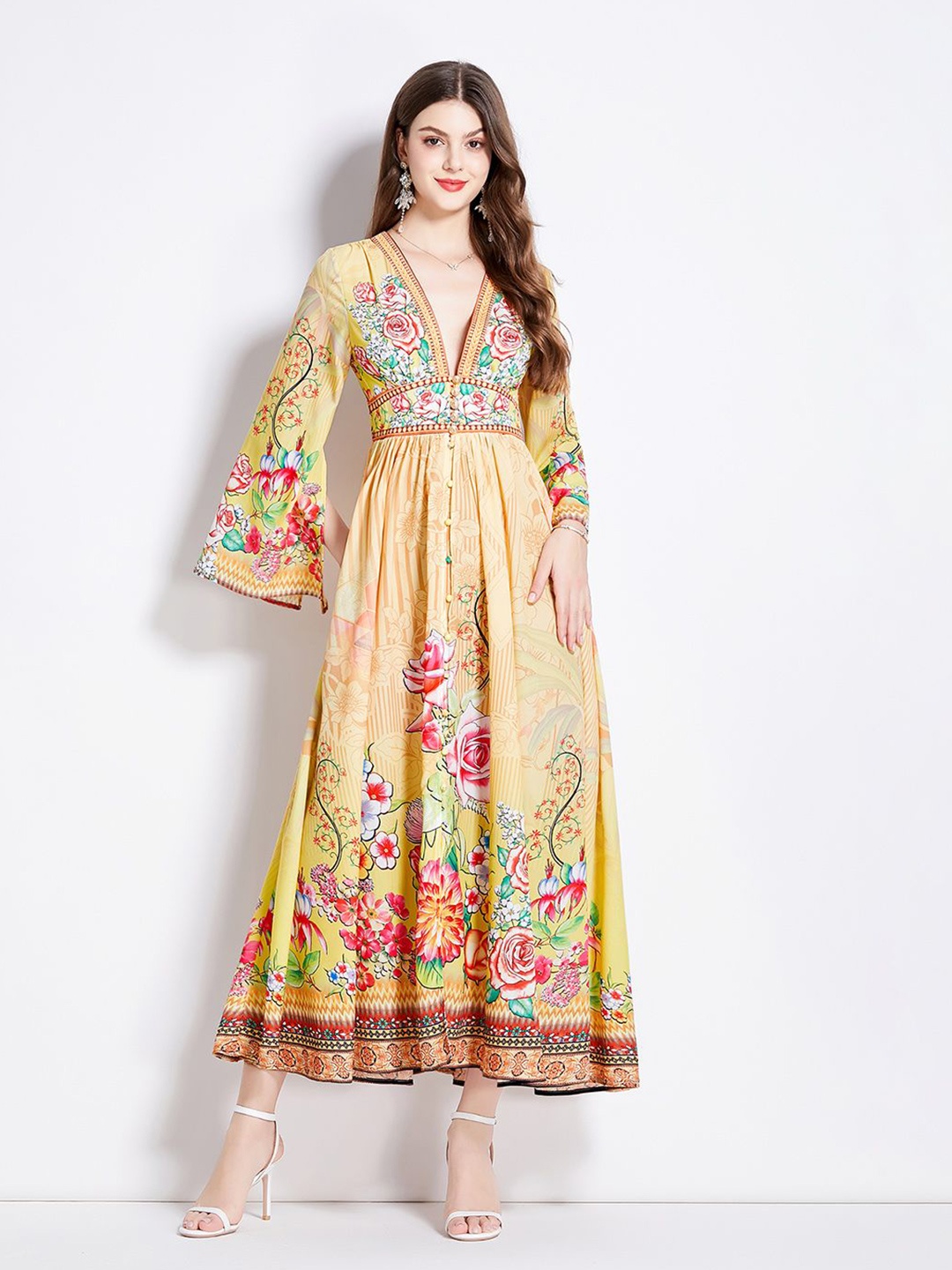 

JC Collection Floral Printed Flared Sleeve Maxi Dress, Yellow