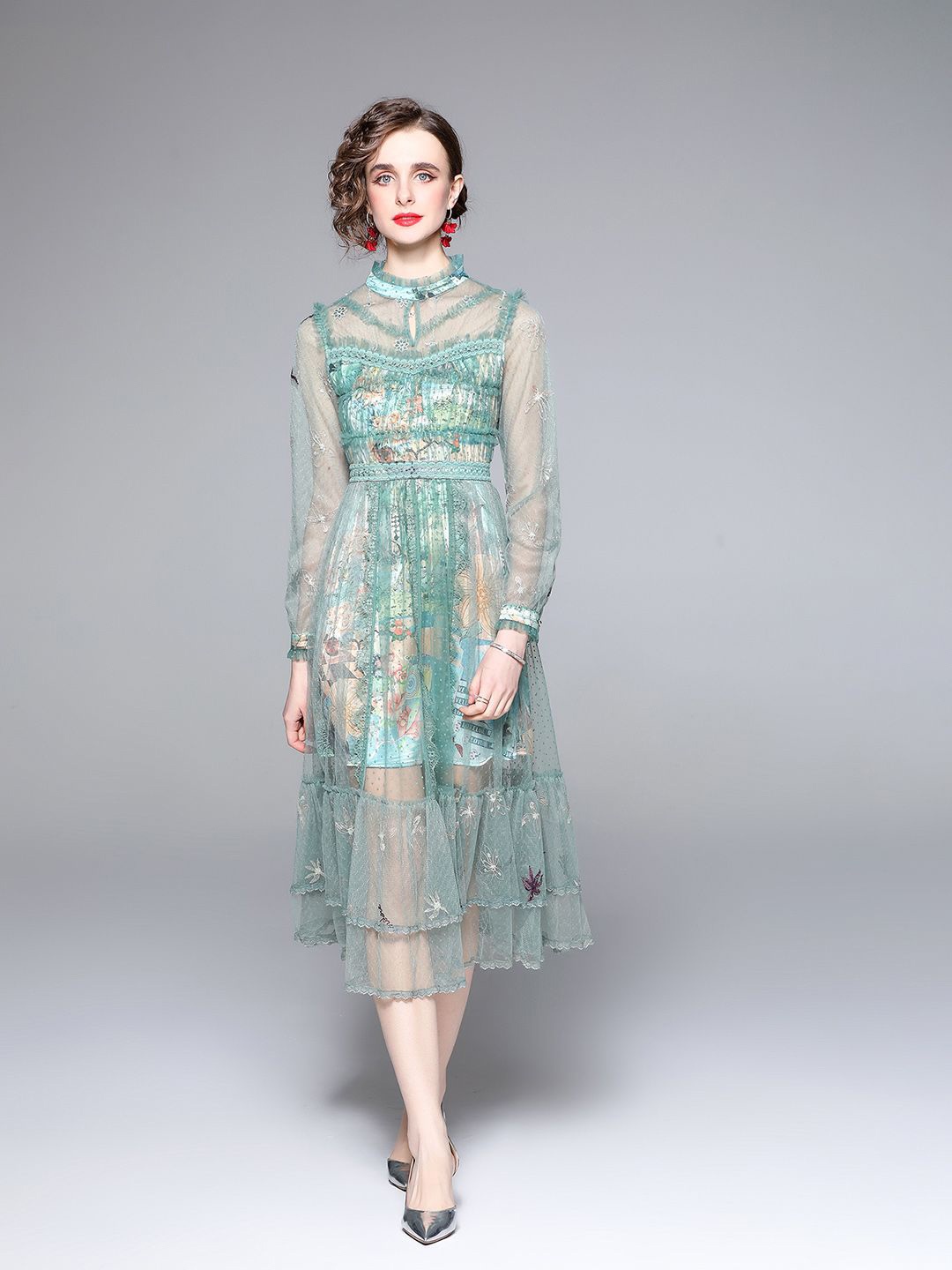 

JC Collection Women Floral Print Puff Sleeve Fit & Flare Midi Dress, Green