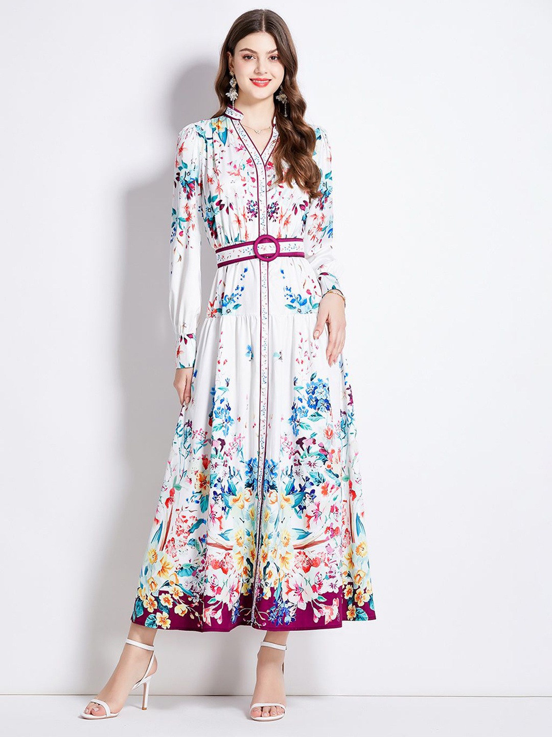 

JC Collection Floral Printed Mandarin Collar Maxi Dress Comes with a belt, White