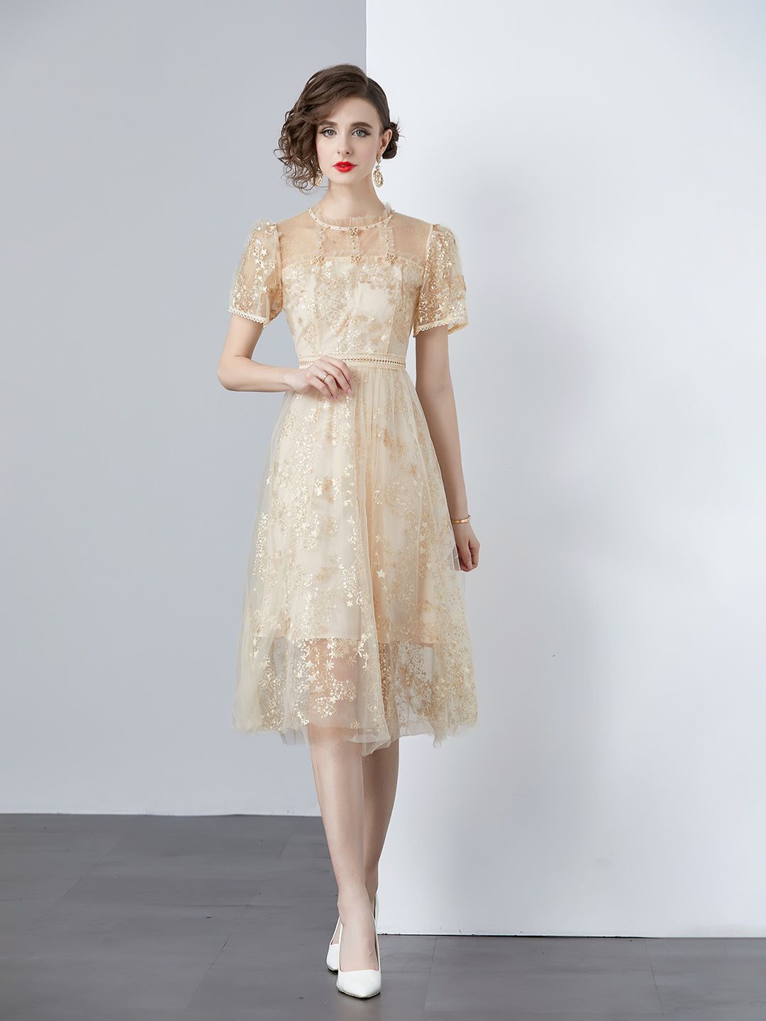 

JC Collection Women Self Design Embellished Fit & Flare Midi Dress, Beige