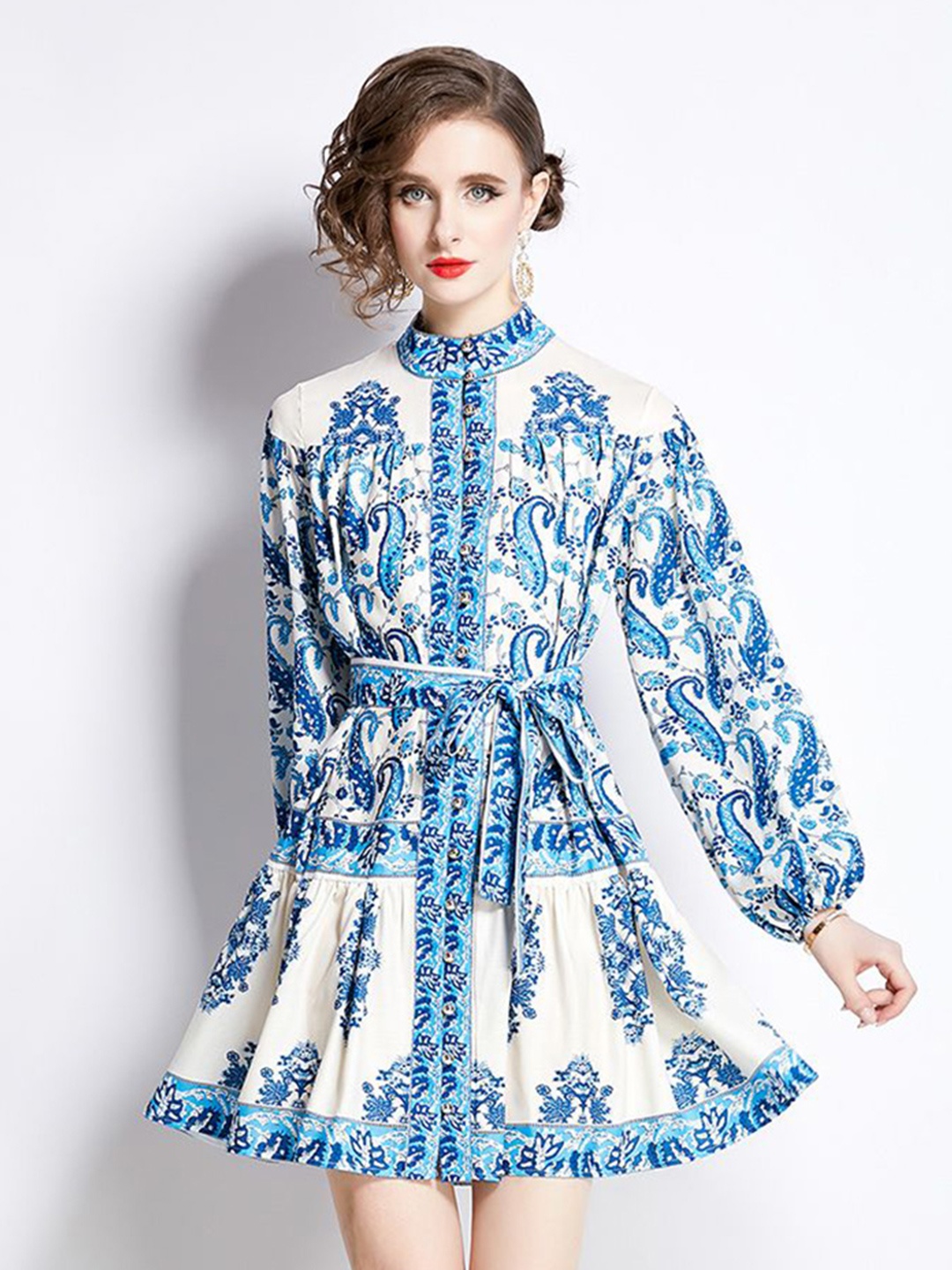 

JC Collection Women Ethnic Motif Print Fit & Flare Dress With Belt, Blue