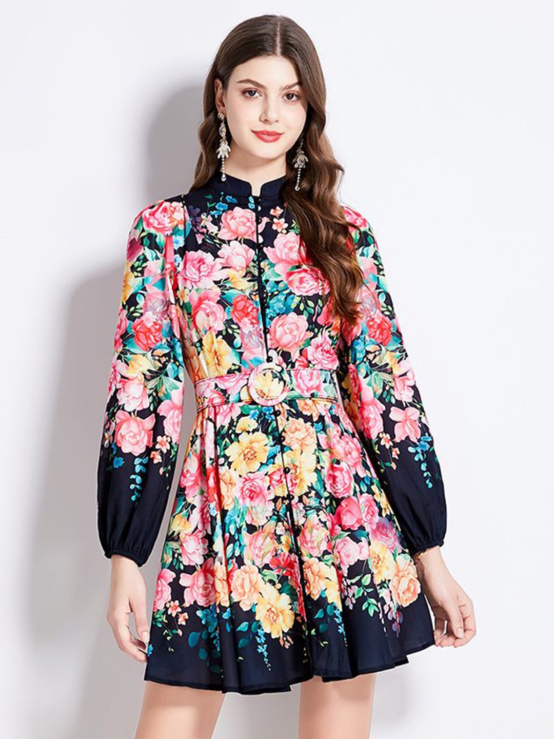 

JC Collection Floral Printed Fit & Flare Mini Dress, Navy blue