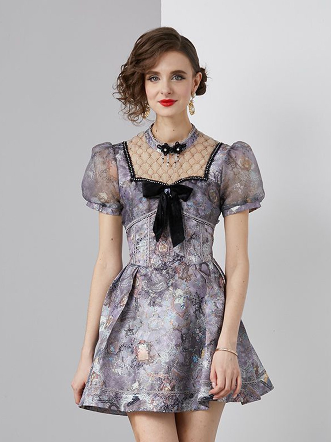 

JC Collection Women Floral Print Puff Sleeve Fit & Flare Mini Dress, Purple