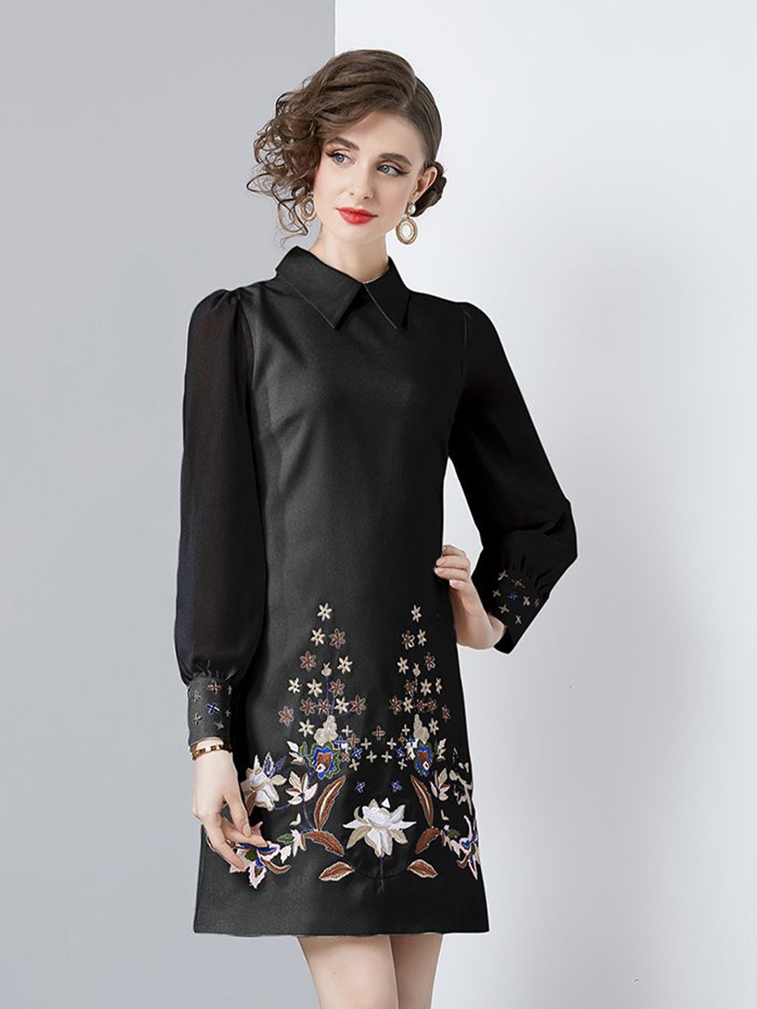 

JC Collection Women Floral Printed Puff Sleeve Shirt Dress, Black