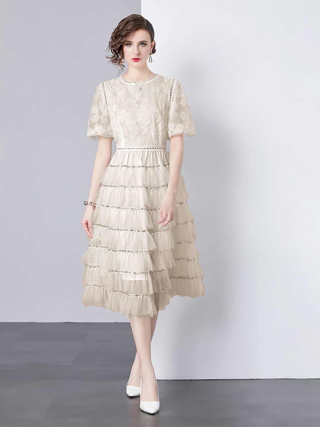 

JC Collection Women Lace-Up Fit & Flare Midi Dress, Beige