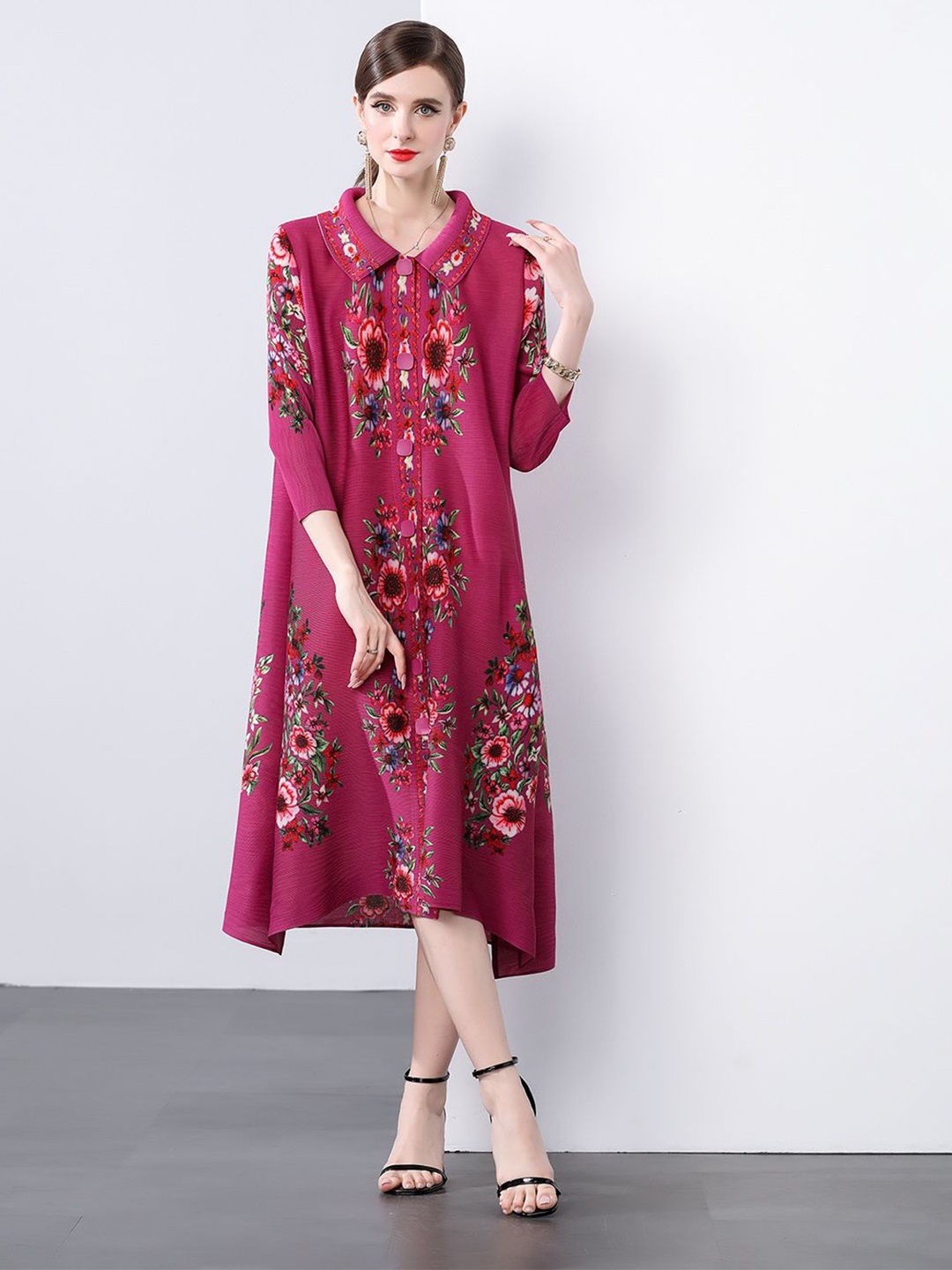 

JC Collection Women Floral Printed Shirt Collar A-Line Midi Dress, Rose