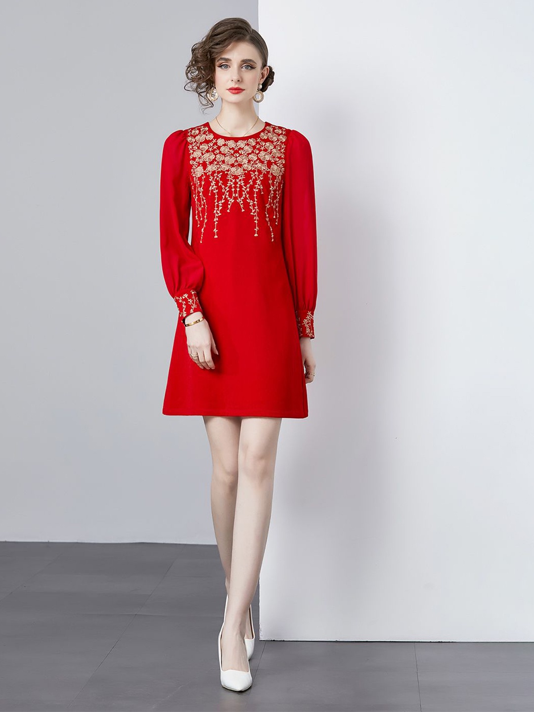 

JC Collection Women Puff Sleeve A-Line Dress, Red