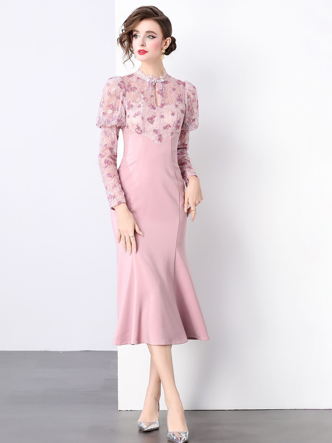 

JC Collection Women Puff Sleeve Lace A-line Midi Dress, Pink