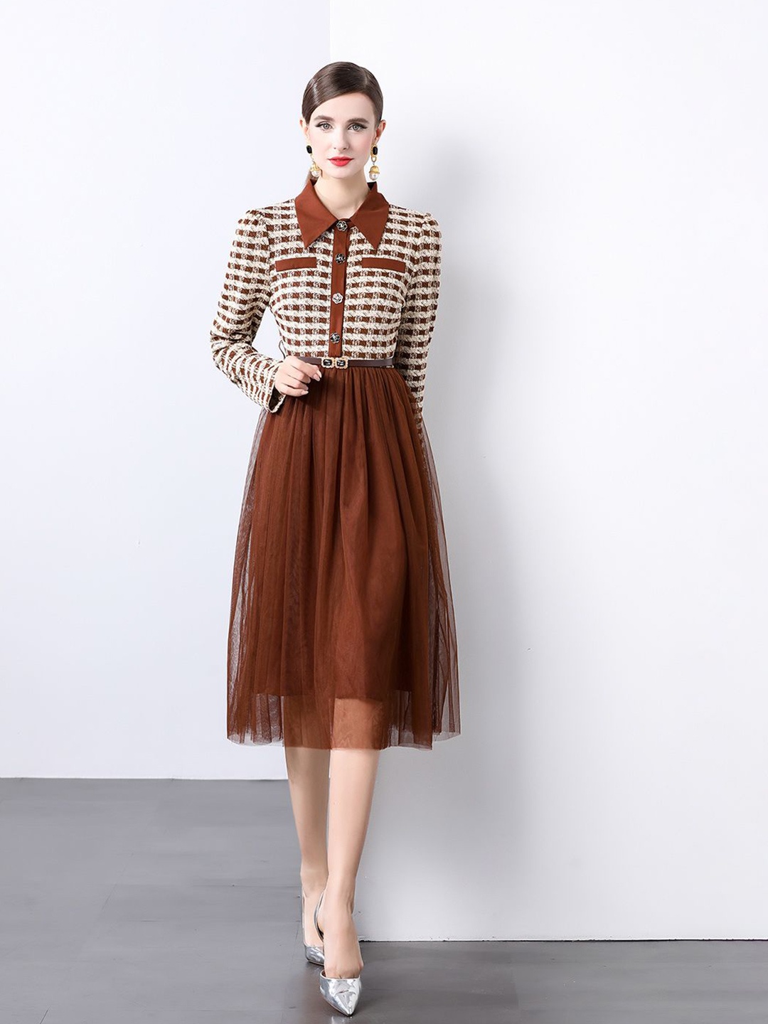 

JC Collection Women Printed Fit & Flare Dress, Coffee brown