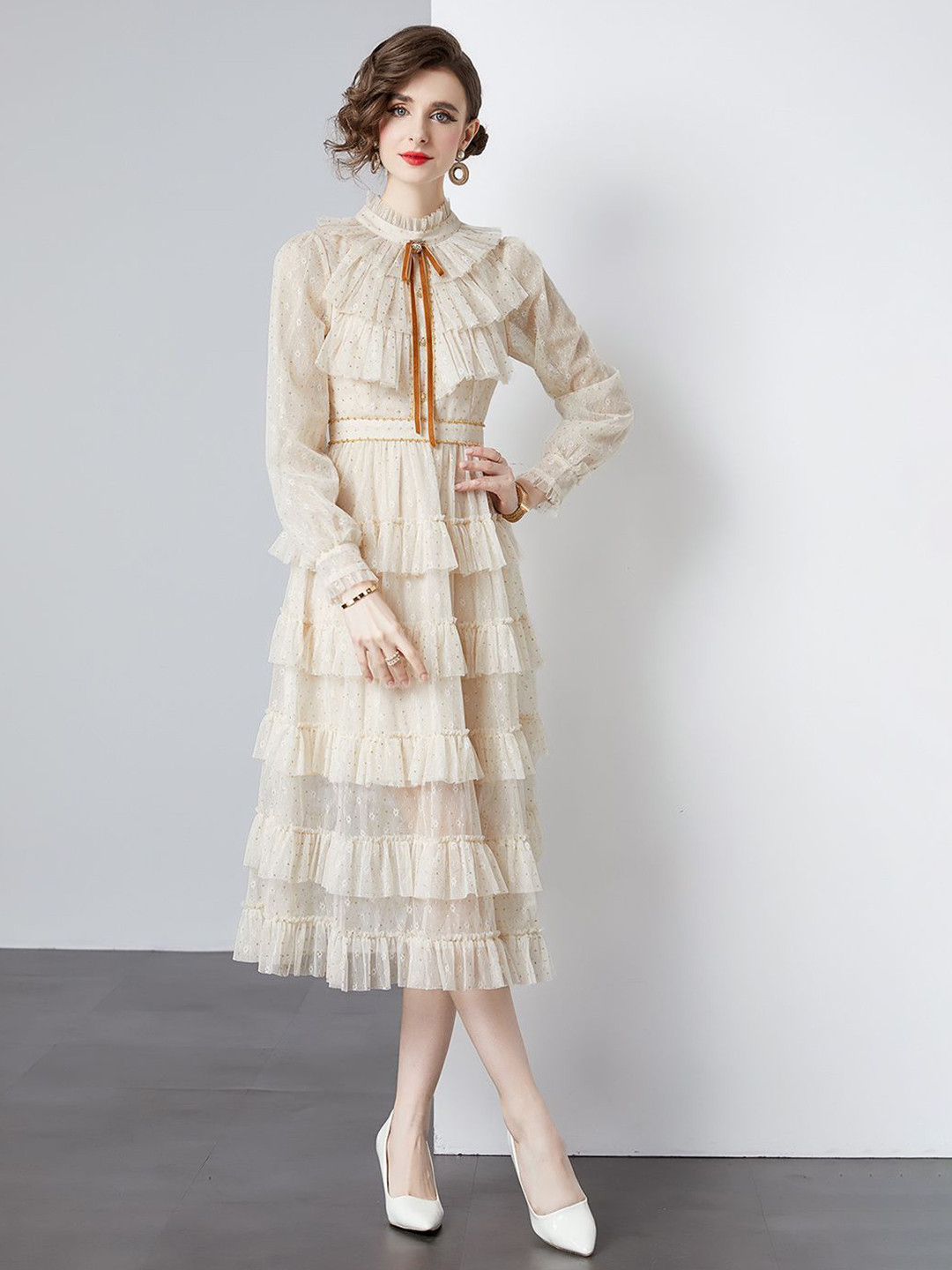 

JC Collection Women Tie-Up Neck A-Line Midi Dress, Beige