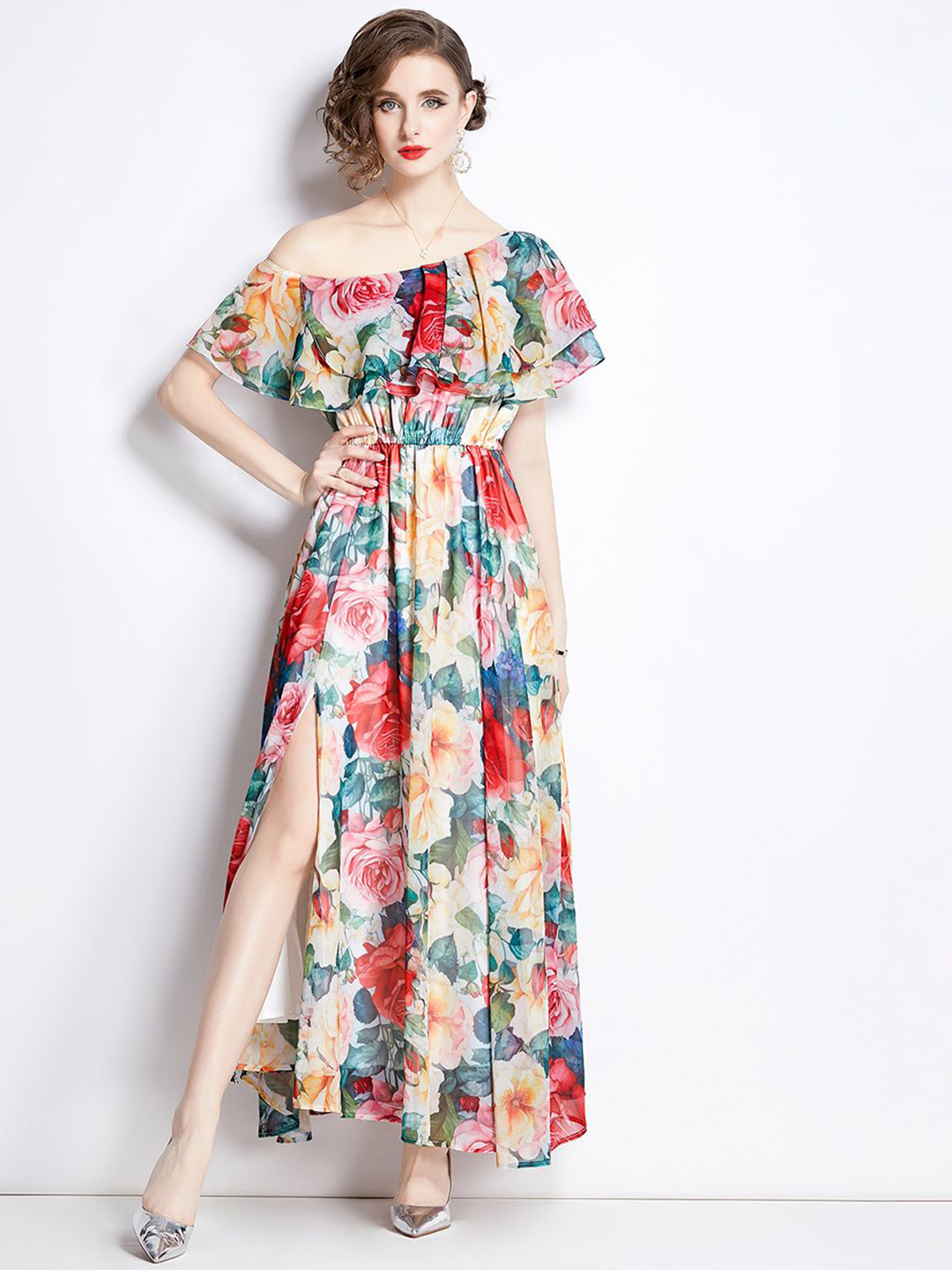 

JC Collection Women Floral Printed Flared Sleeve Maxi Dress, Red