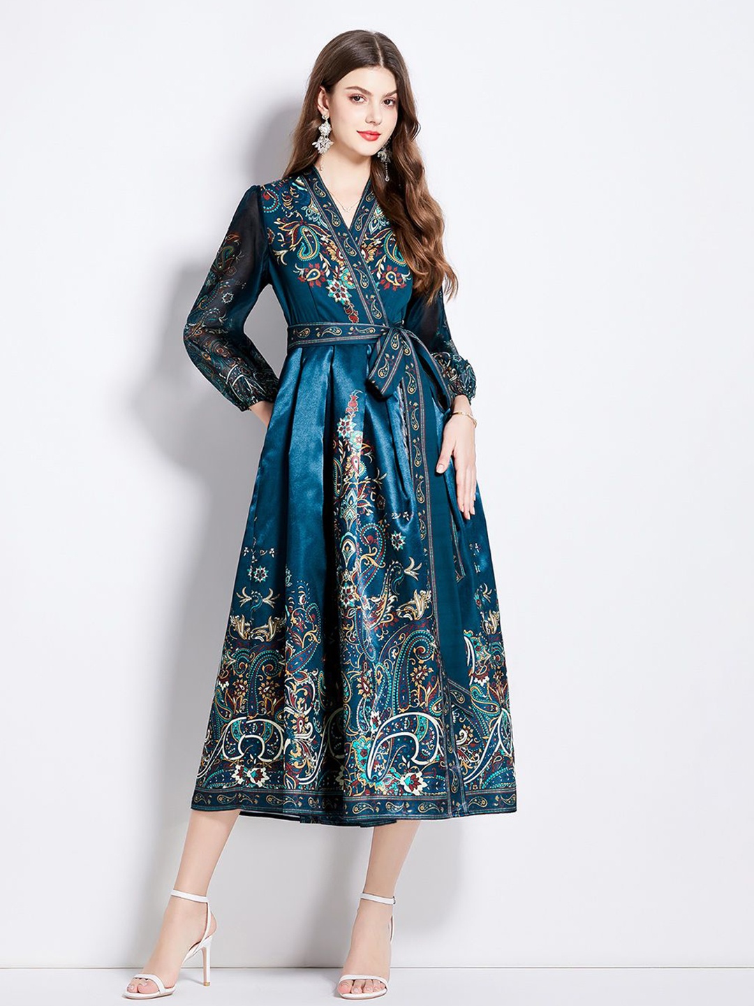 

JC Collection Ethnic Motifs Printed Wrap Midi Dress, Blue