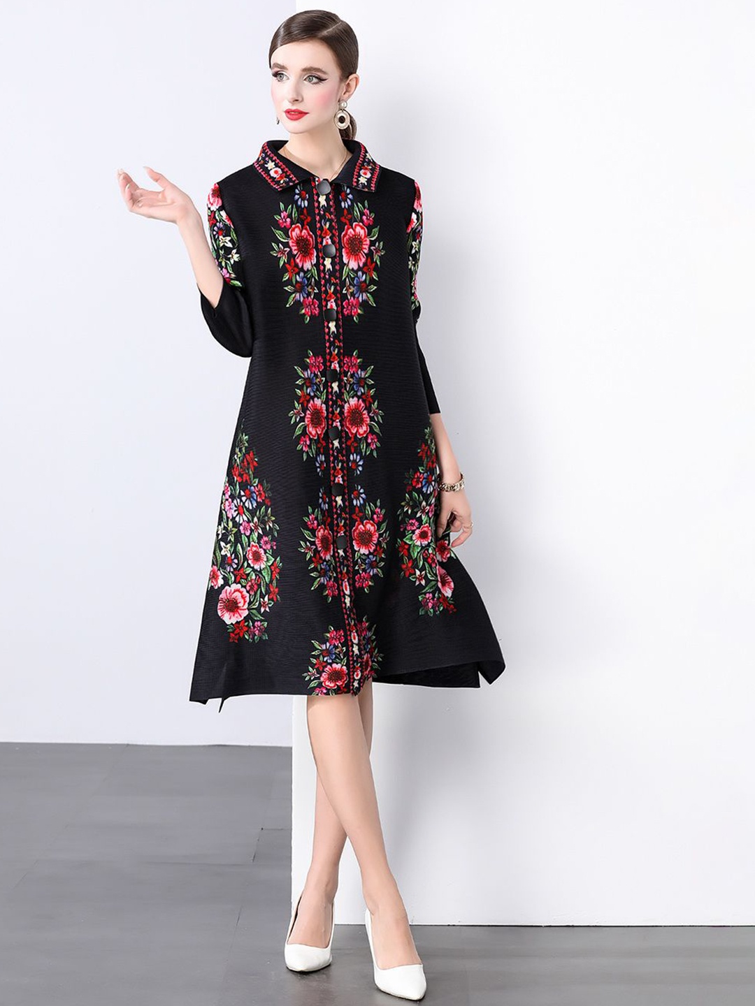 

JC Collection Women Floral Print Shirt Dress, Black