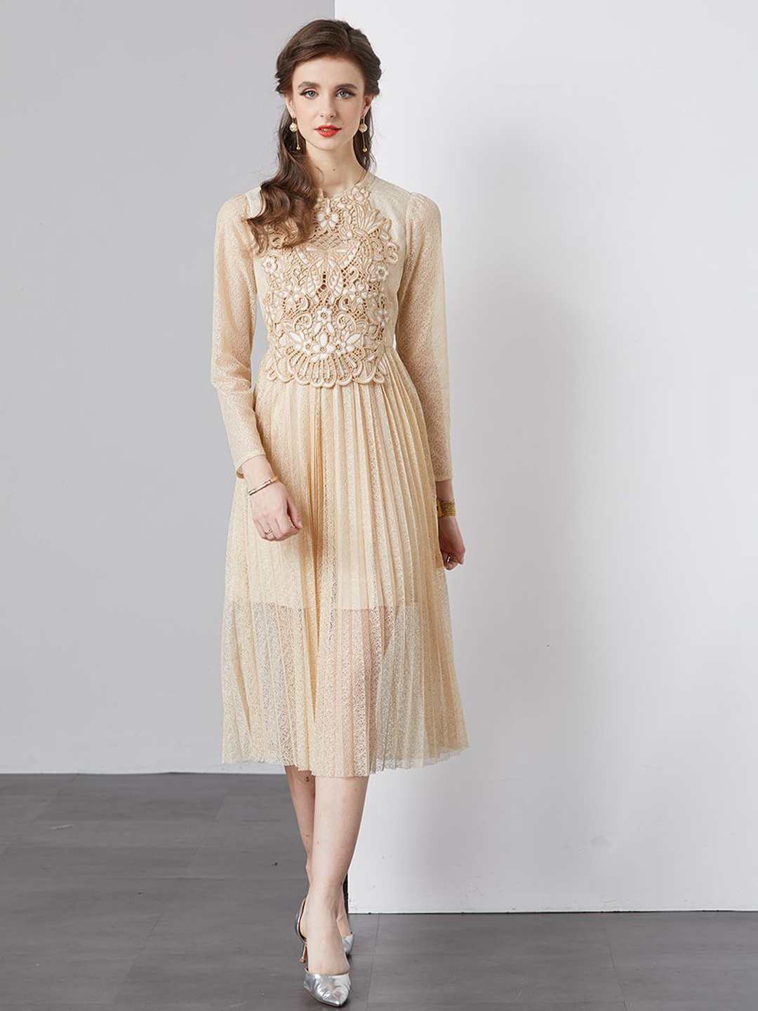 

JC Collection Women Striped Fit & Flare Midi Dress, Champagne