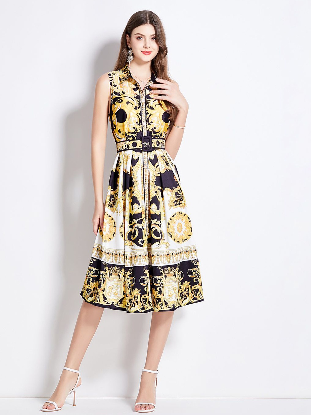 

JC Collection Women Ethnic Motifs Print Fit & Flare Midi Dress, Yellow