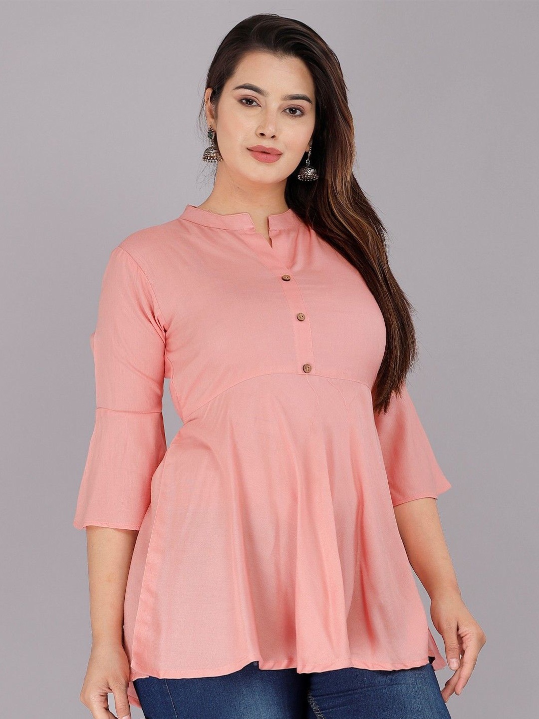 

KOTHOTYA Women Mandarin Collar A-Line Top, Peach
