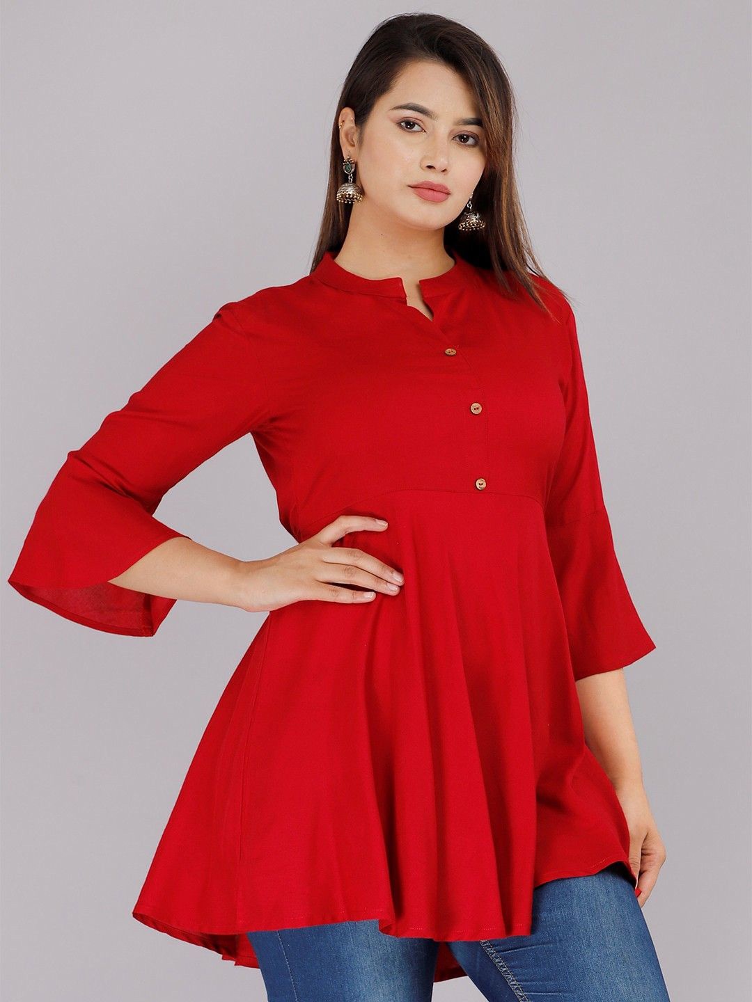 

KOTHOTYA Women Mandarin Collar Top, Red
