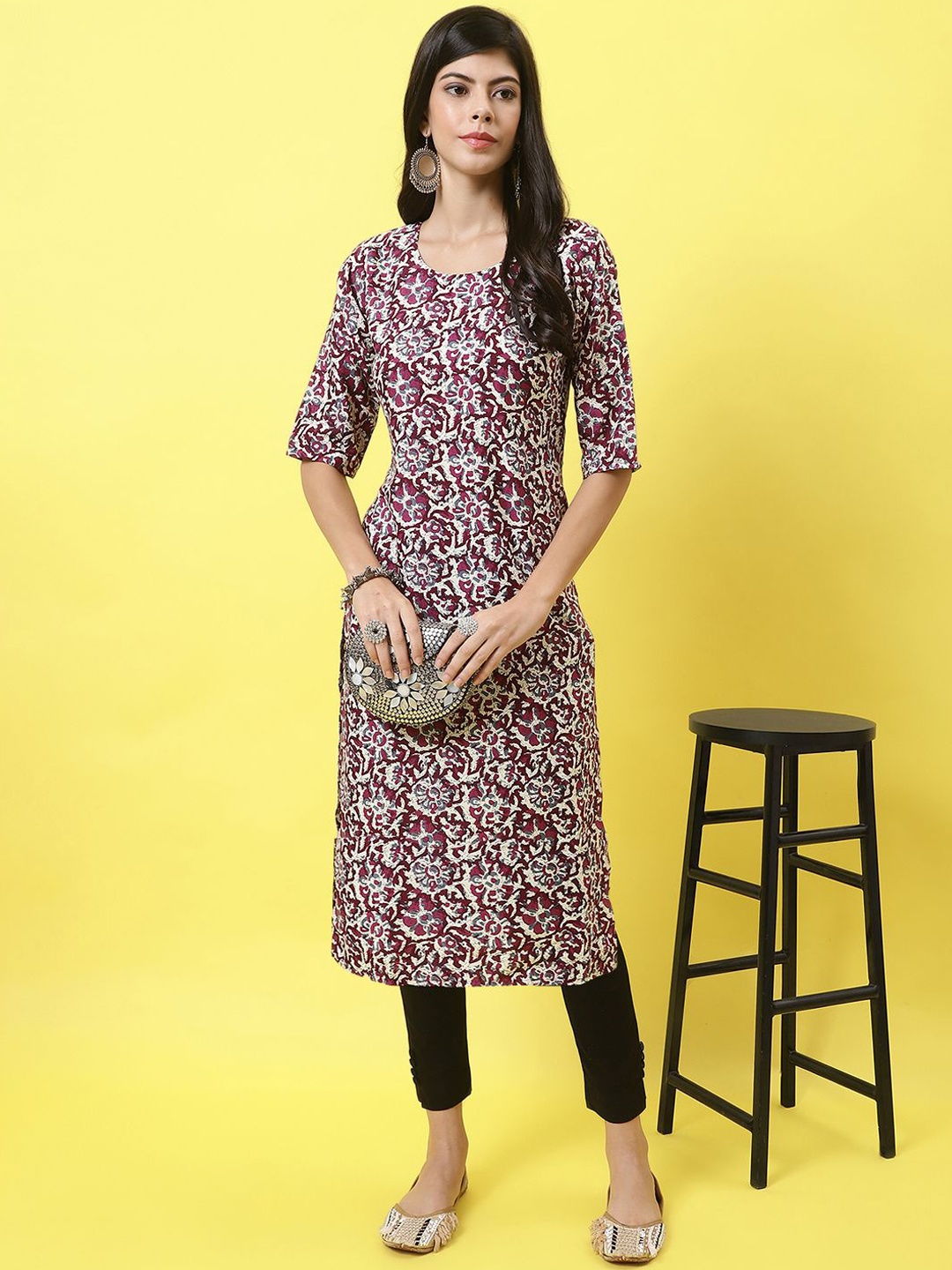 

7Threads Women Ethnic Motifs Printed Floral Crepe Kurta, Purple