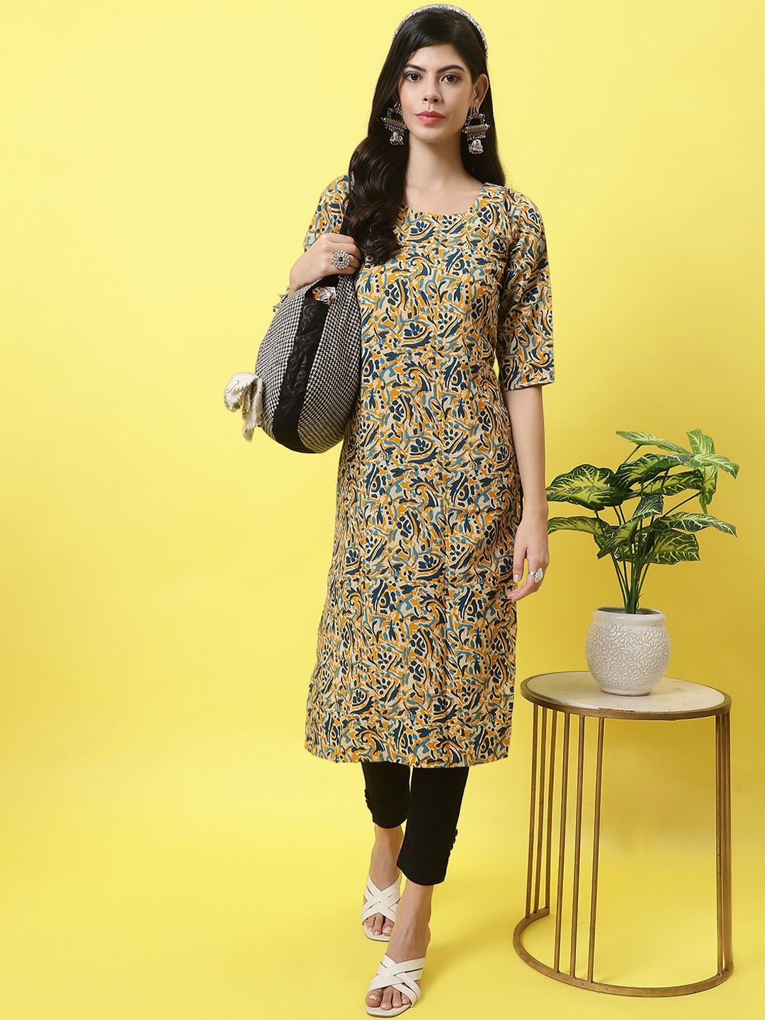 7Threads Ethnic Motifs Printed Straight Kurtas, Yellow