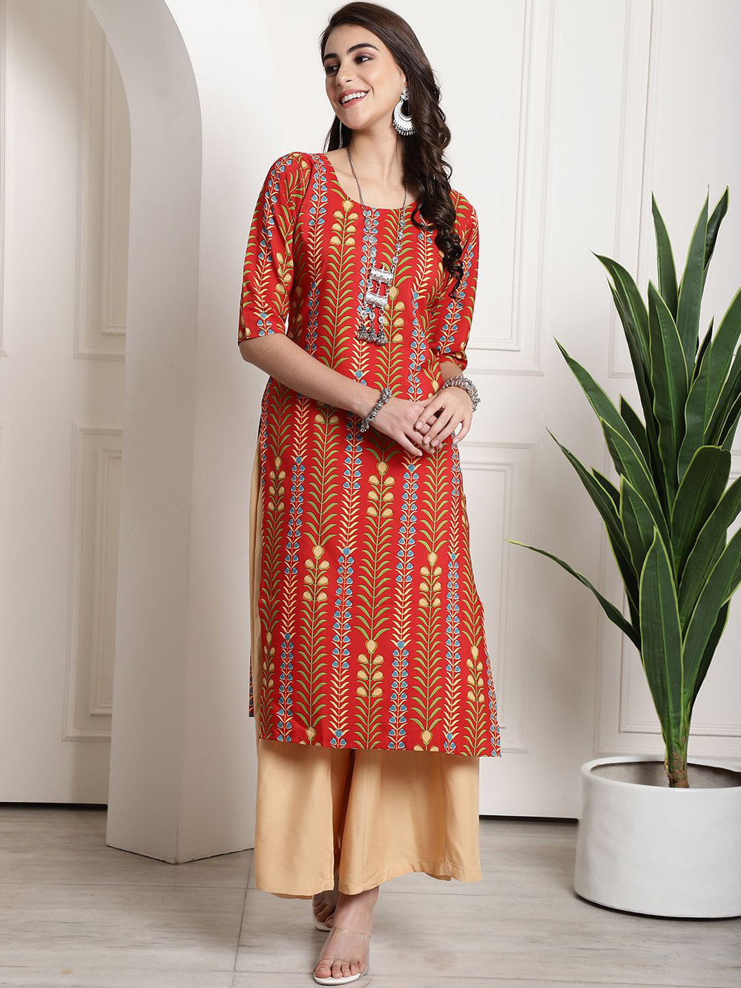 

7Threads Floral Printed Straight Kurta, Red