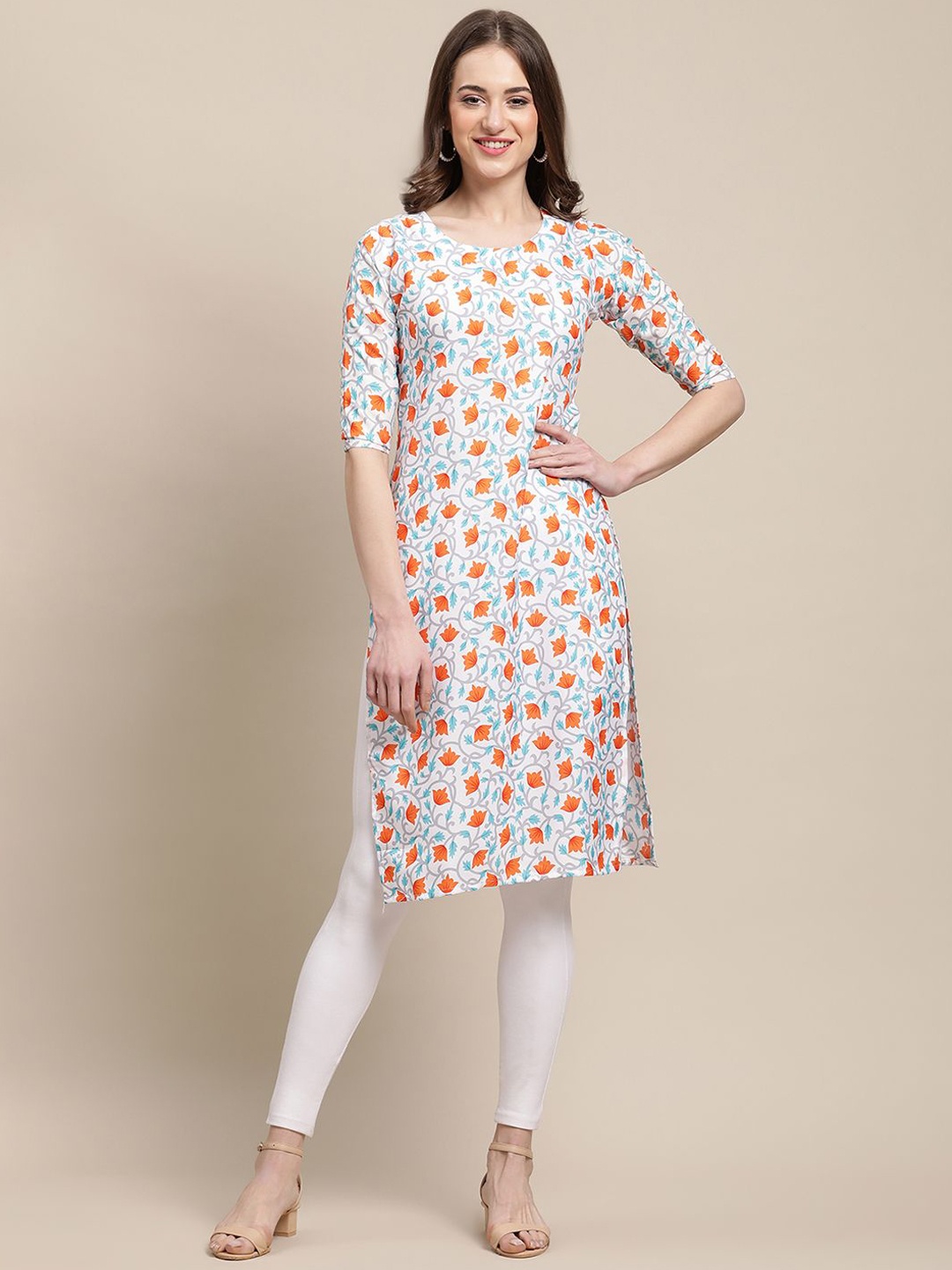

7Threads Floral Printed Round Neck Straight Kurta, White