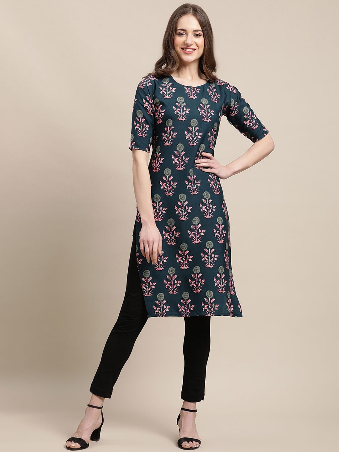 

7Threads Floral Printed Straight Kurta, Blue