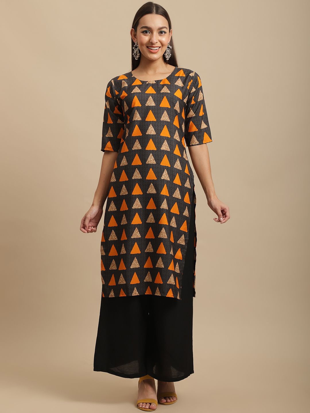 

7Threads Geometric Printed Straight Kurta, Black
