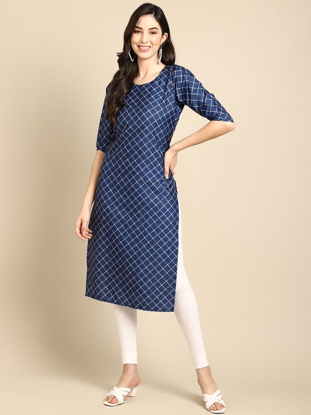 

7Threads Geometric Printed Round Neck Crepe Straight Kurta, Navy blue