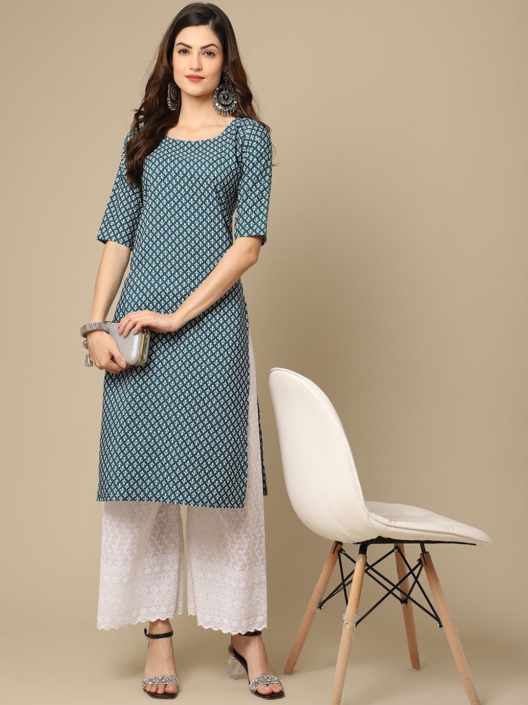 

7Threads Ethnic Motifs Printed Straight Kurta, Blue