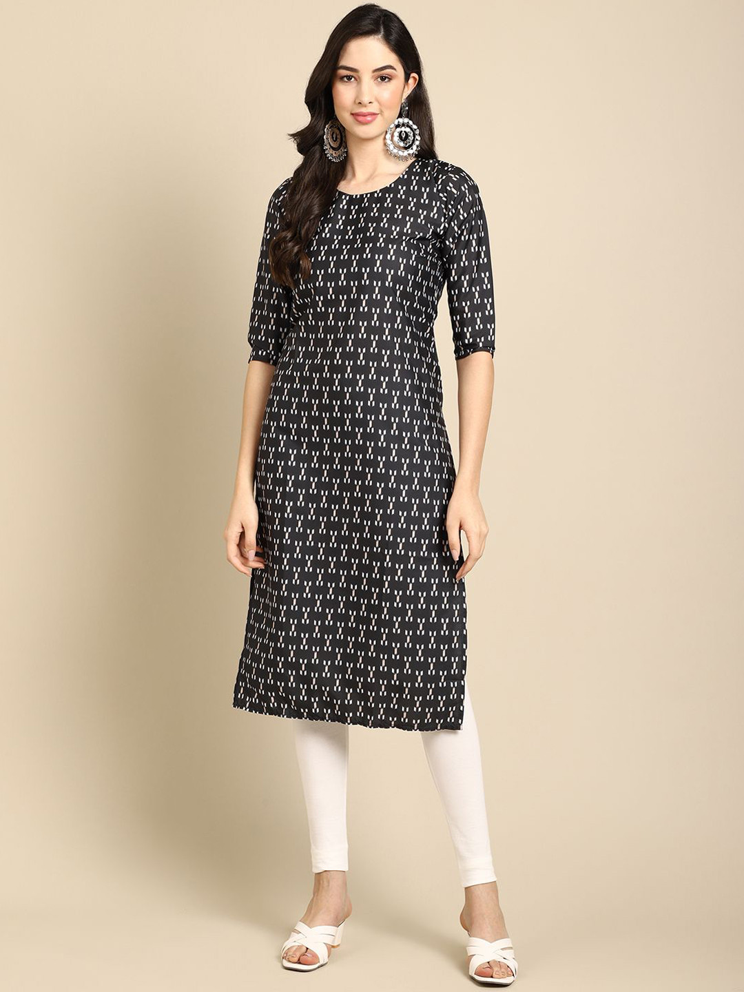 

7Threads Geometric Printed Straight Kurtas, Black