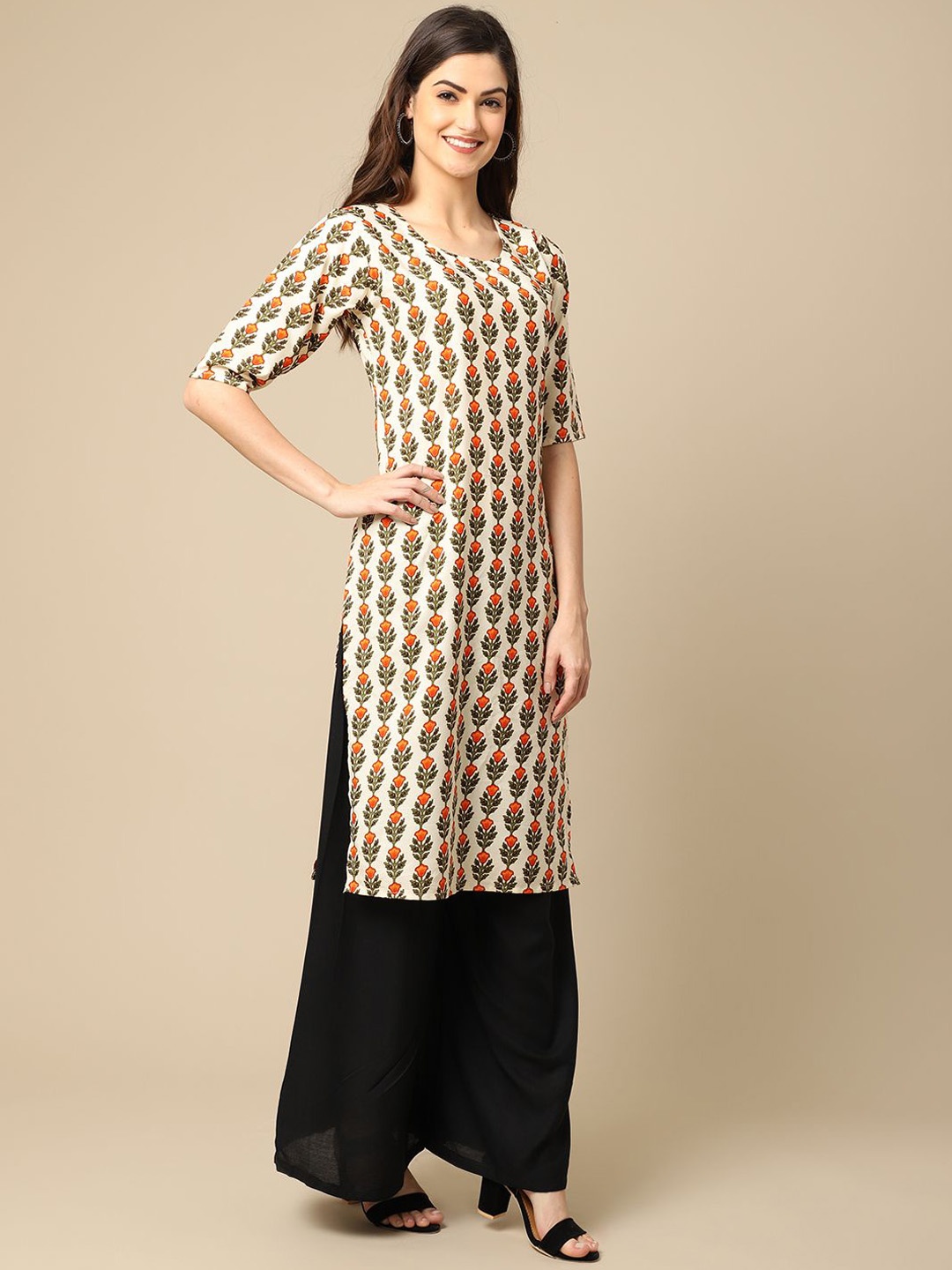 

7Threads Ethnic Motifs Printed Printed Round Neck Crepe Straight Kurtas, White