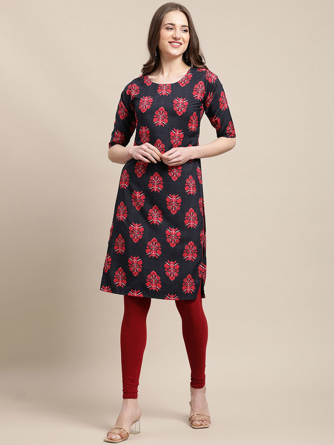 

7Threads Floral Printed Round Neck Crepe Straight Kurta, Navy blue