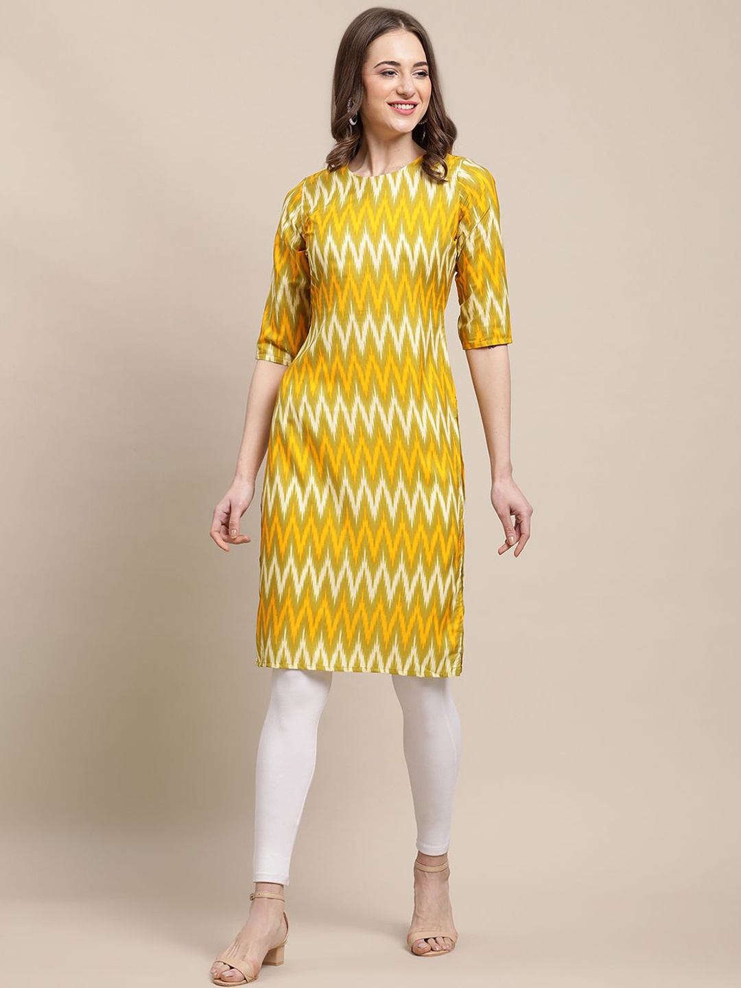 

7Threads Geometric Printed Round Neck Straight Kurta, Yellow
