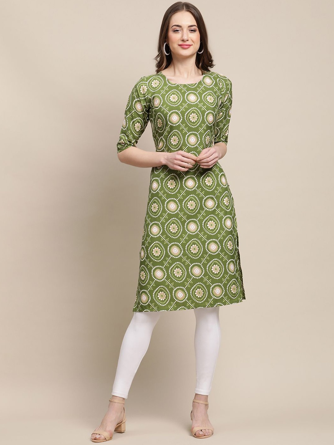 

7Threads Ethnic Motifs Printed Straight Kurta, Olive