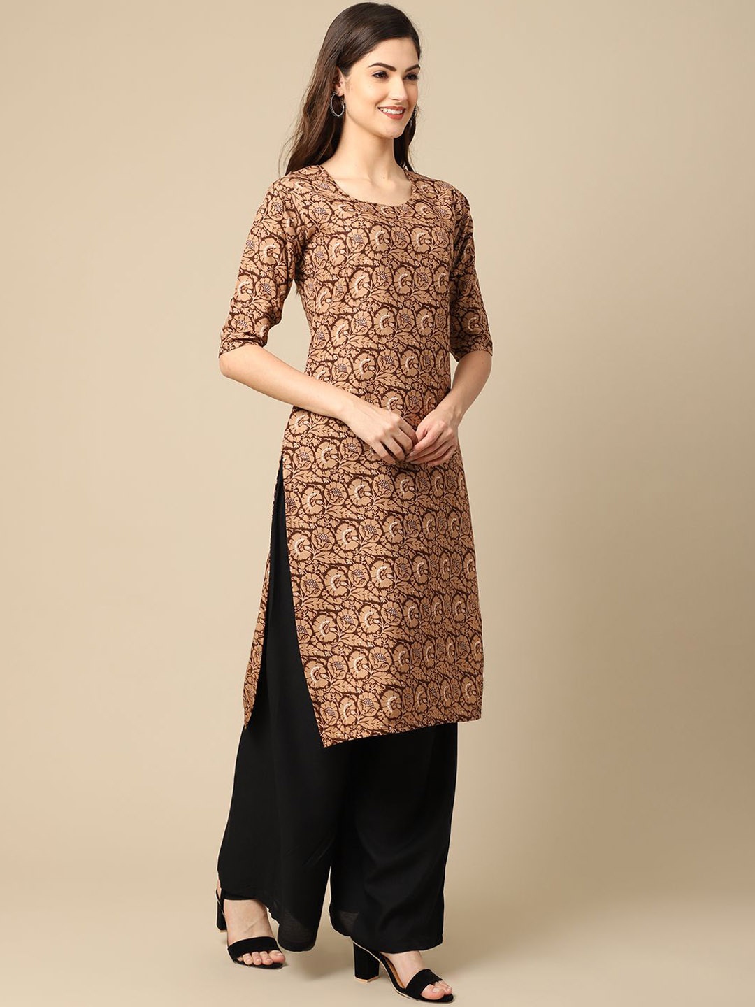 

7Threads Floral Printed Round Neck Straight Kurta, Beige