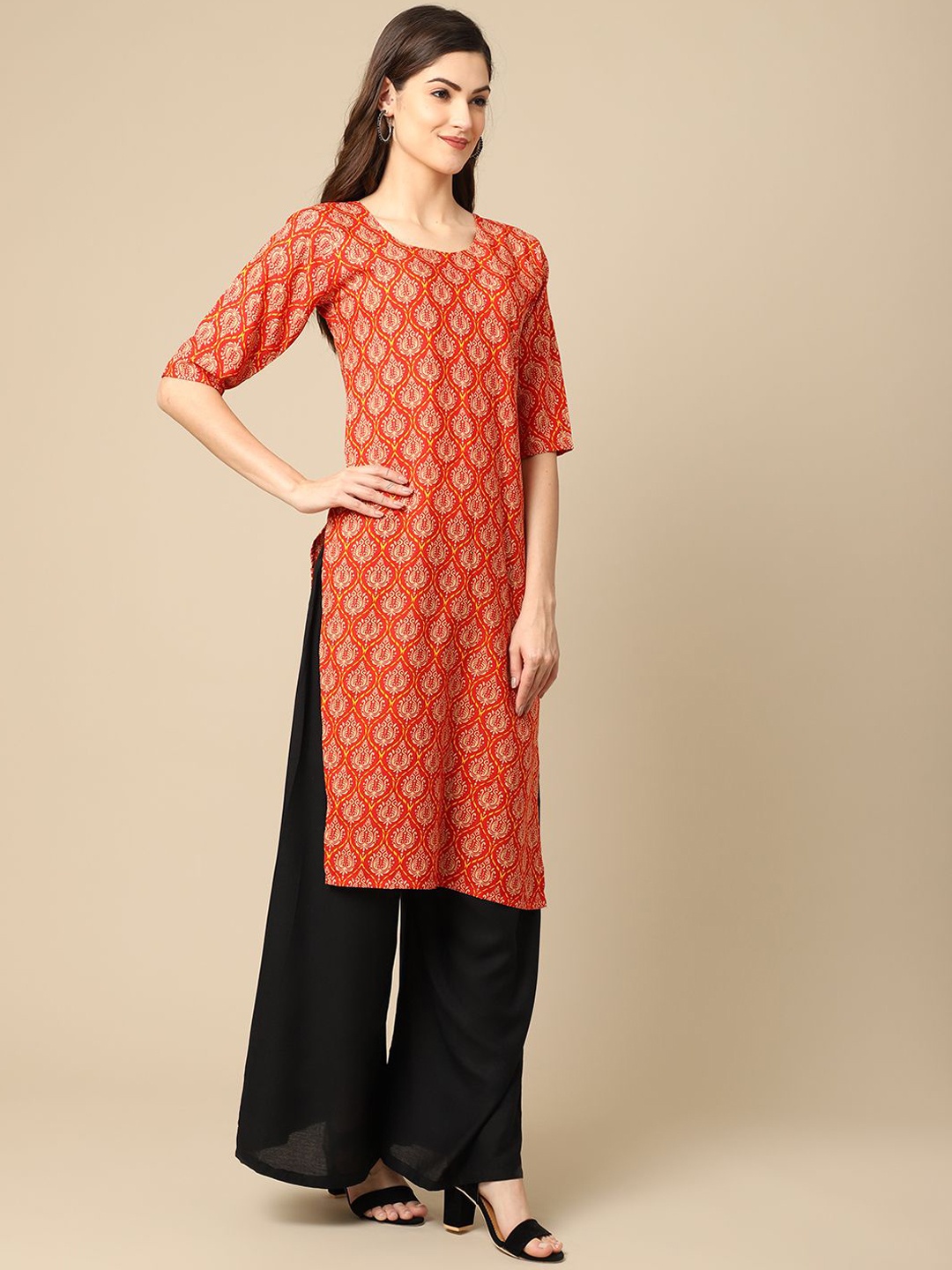 

7Threads Ethnic Motifs Printed Round Neck Straight Kurta, Orange