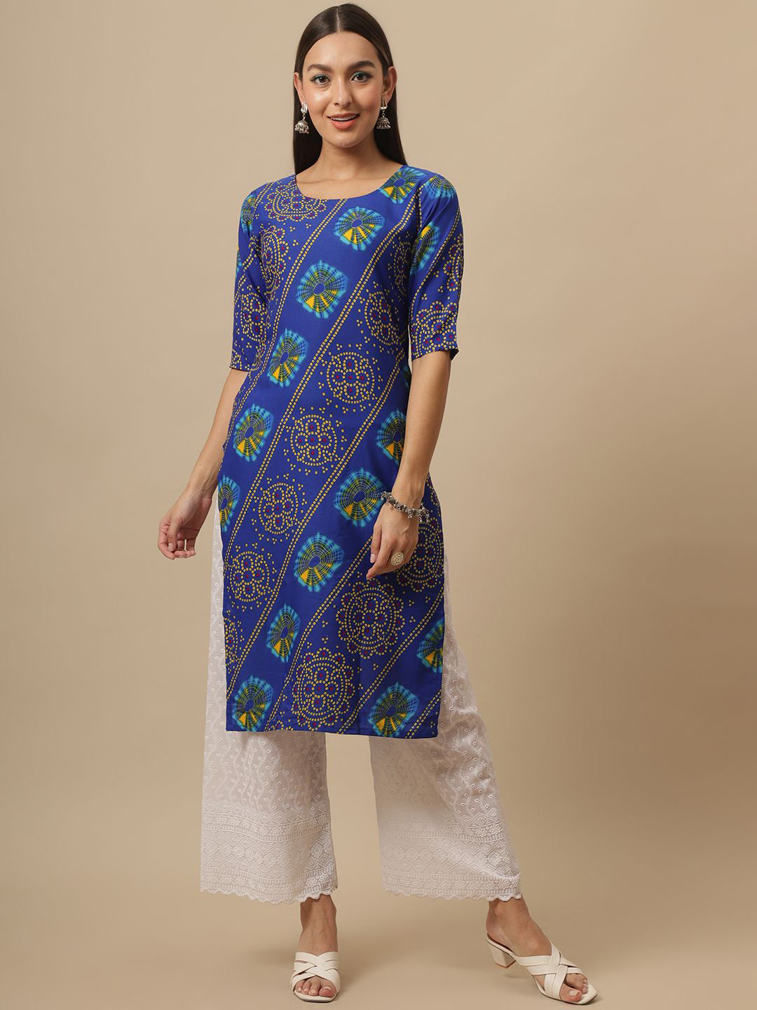 

7Threads Bandhani Printed Round Neck Crepe Straight Kurta, Blue