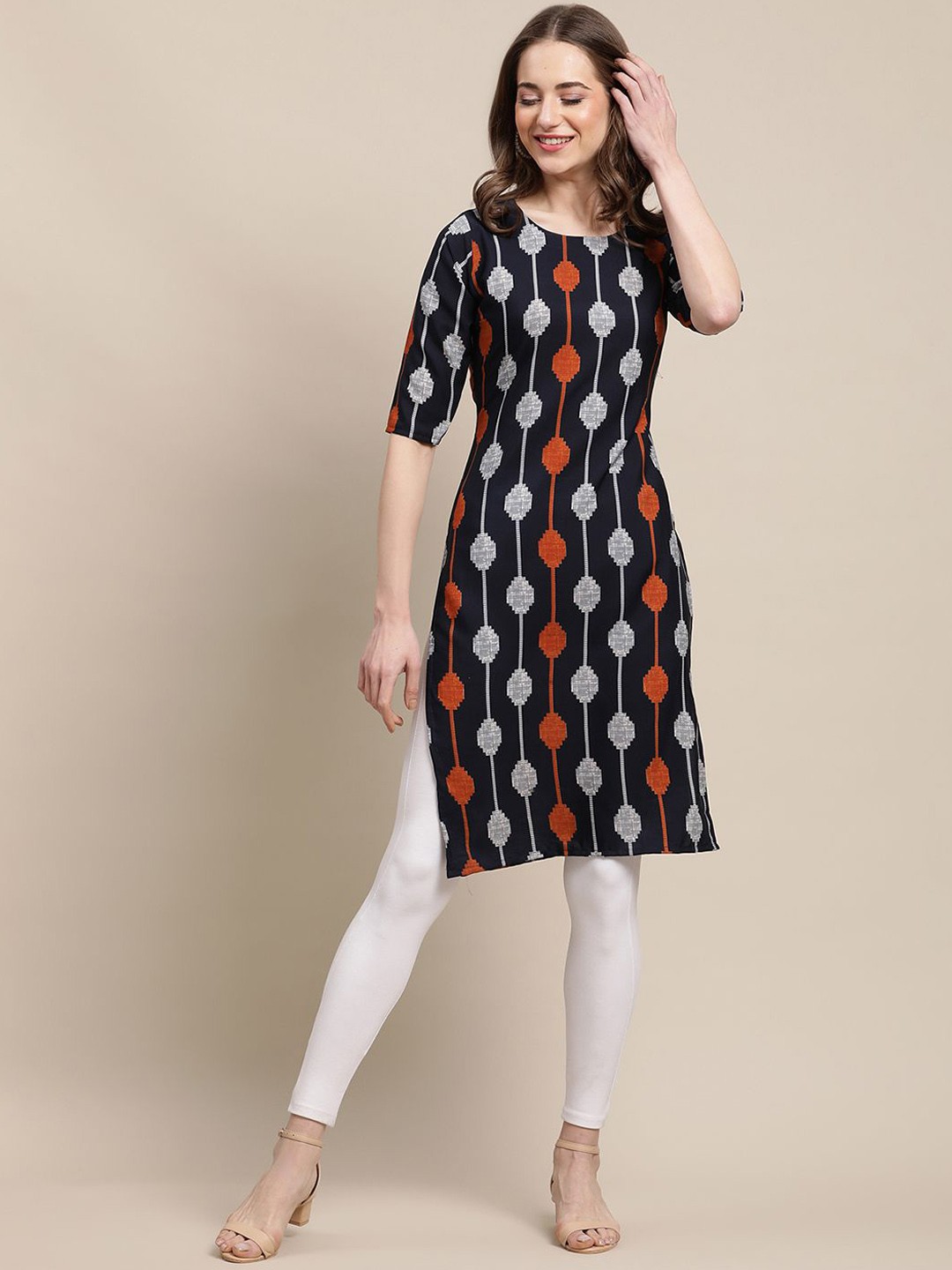 

7Threads Geometric Printed Round Neck Crepe Straight Kurta, Black