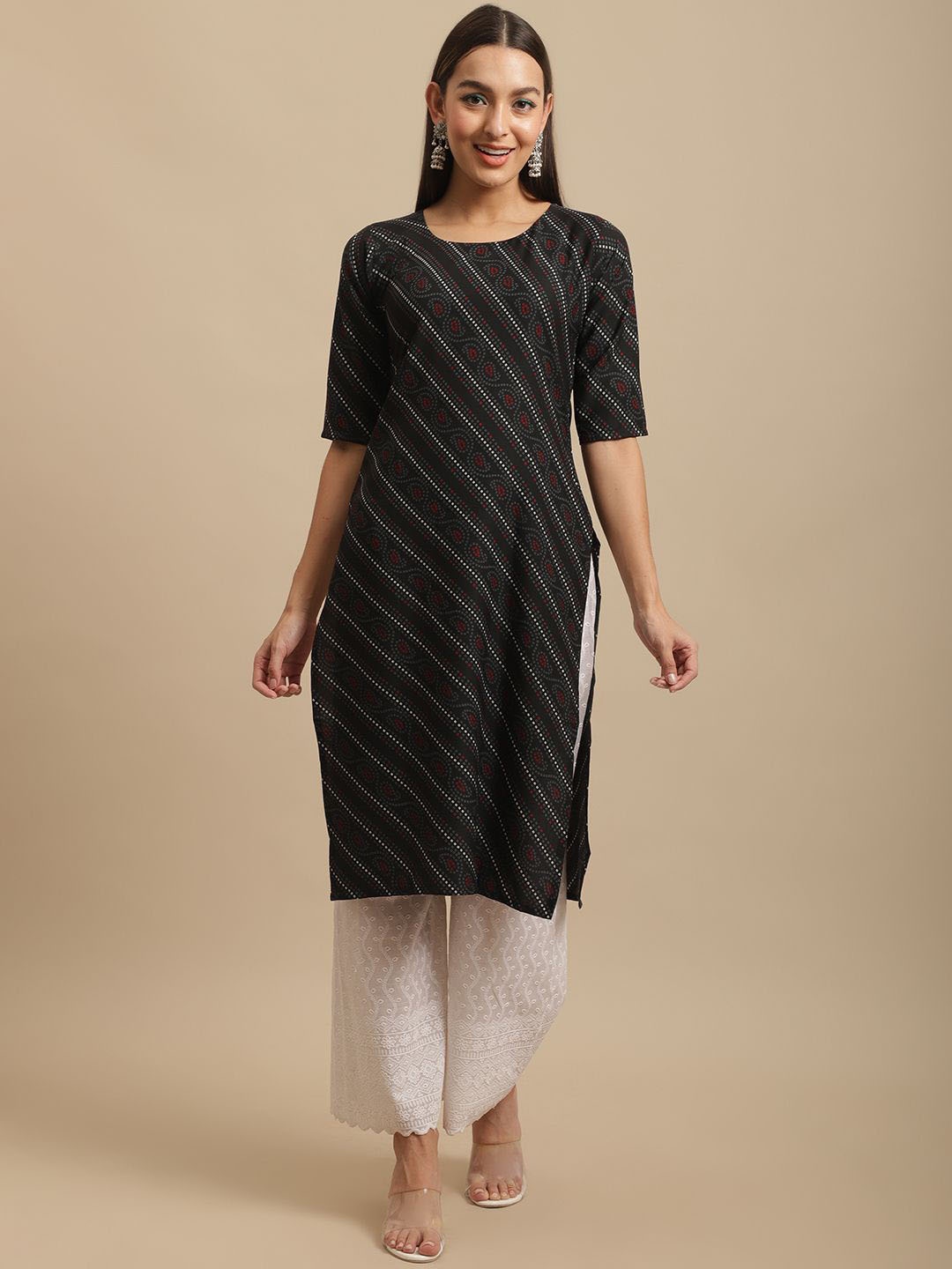 

7Threads Bandhani Printed Round Neck Crepe Straight Kurta, Black