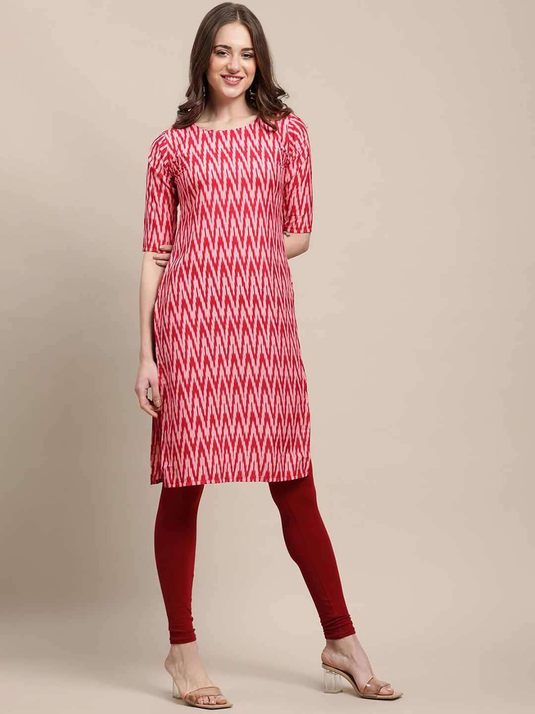 

7Threads Chevron Printed Round Neck Straight Kurta, Pink