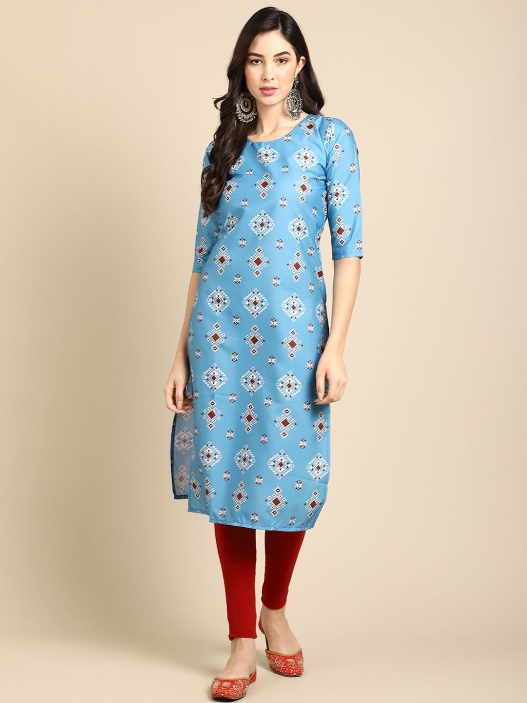

7Threads Geometric Printed Round Neck Regular Sleeves Machine Weave Straight Kurta, Blue