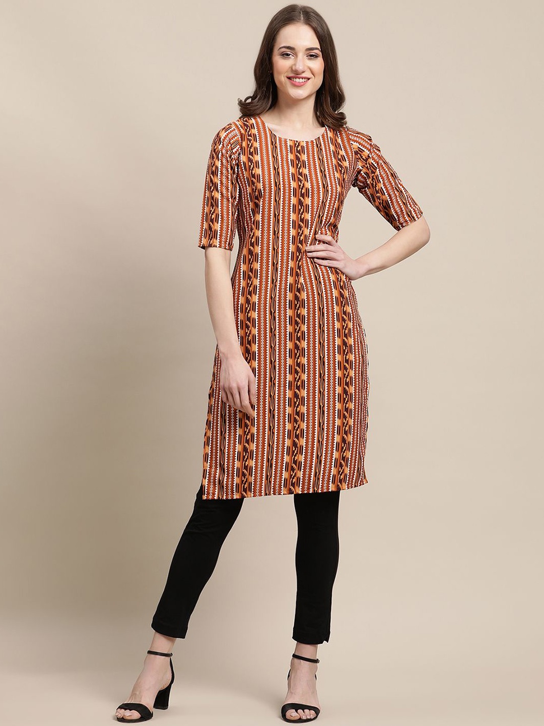 

7Threads Striped Round Neck Straight Crepe Kurta, Brown