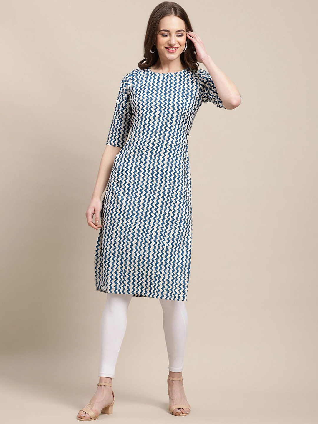 

7Threads Chevron Printed Straight Kurta, Blue