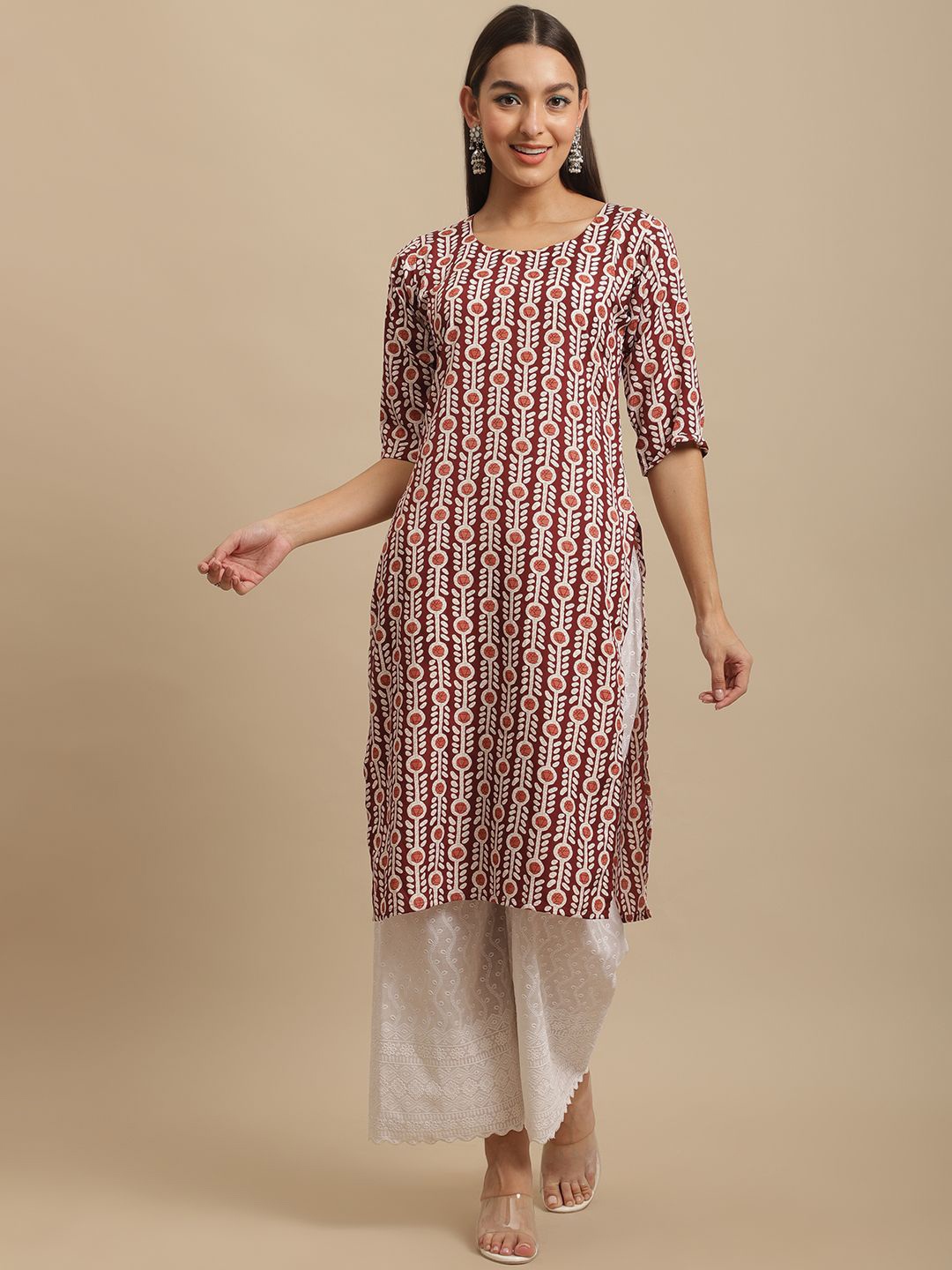 

7Threads Ethnic Motifs Printed Round Neck Crepe Straight Kurta, Maroon